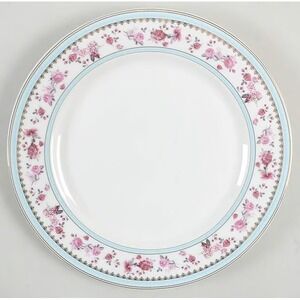 Grace's Teaware Pink Rose Floral Blue Gold Trim Dinner Plates Set‎ 4 Cottagecore